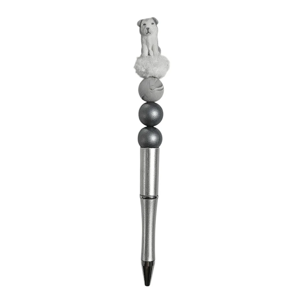 Dog Puppy Beaded Ballpoint Twist Pen Metallic Silver White Topper